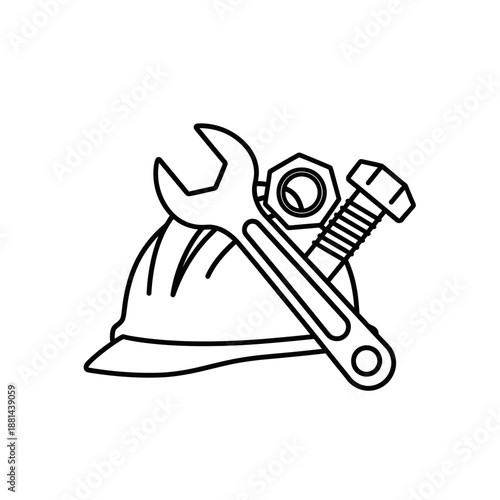 Construction Tools Line Art Icon: Hard Hat, Wrench, Bolt, and Nut Symbol for Engineering and Repair Services
