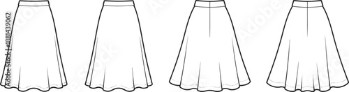 Women flared skirt CAD drawing showing multiple front and back views with hem flow, fashion apparel technical illustration, cad drawing flat vector illustration