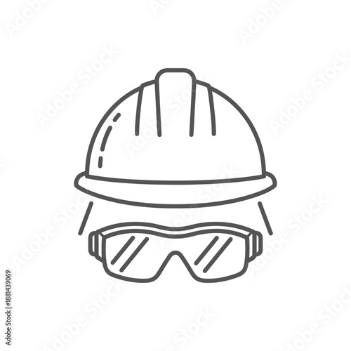 Construction Safety Helmet and Protective Goggles Line Icon. Industrial Hard Hat and Eye Protection PPE Symbol.