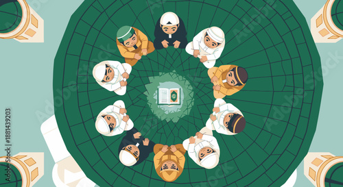 A group of Muslim children are gathered in a mosque, sitting in a circle around the Quran, learning and praying in a peaceful, spiritual setting.