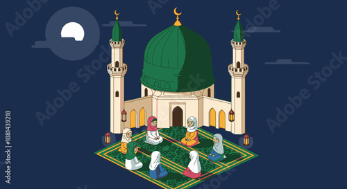 Muslim women devoutly perform salah prayer on individual mats before a beautiful mosque with a prominent green dome, representing spiritual devotion.