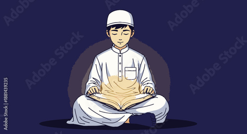 A peaceful illustration depicts a young Muslim boy in traditional white clothing, thoughtfully reading a sacred illuminated book.