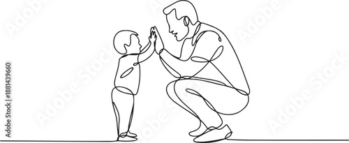 Single continuous line drawing father and child making hi-five gesture. Little baby have bonding with his father. Hero father and family pride. one line Icon drawing