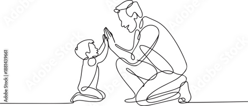 Single continuous line drawing father and child making hi-five gesture. Little baby have bonding with his father. Hero father and family pride. one line Icon drawing