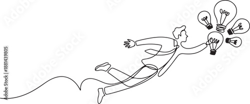 Single continuous line drawing businessman flying holding idea bulbs. Big idea to solve business problem, invention or innovation to drive business growth. one line Icon drawing