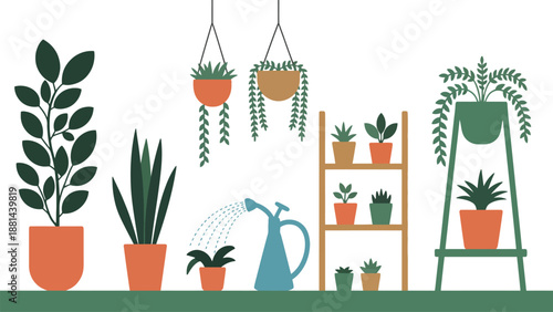 A collection of various potted plants on shelves and hanging baskets with a watering can
