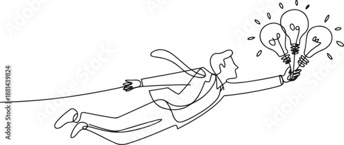 Single continuous line drawing businessman flying holding idea bulbs. Big idea to solve business problem, invention or innovation to drive business growth. one line Icon drawing