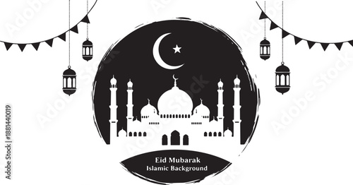 Elegant black and white Eid Mubarak celebration with mosque, crescent moon, and festive lanterns