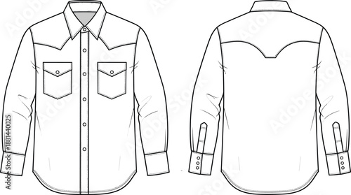 Western style button up shirt CAD drawing flat vector illustration with front and back views technical menswear apparel design