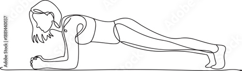 Single continuous line drawing of young happy woman exercising doing elbow plank to strengthen body in sport center gym club. Training fitness concept. one line Icon drawing
