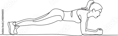 Single continuous line drawing of young happy woman exercising doing elbow plank to strengthen body in sport center gym club. Training fitness concept. one line Icon drawing