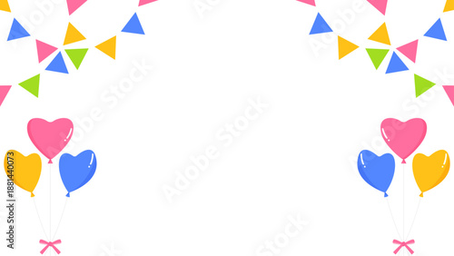 ハートの風船、ガーランド、旗のデコレーションフレーム、16:9サイズ