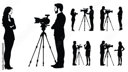 A group of people working with cameras and video equipment in silhouette
