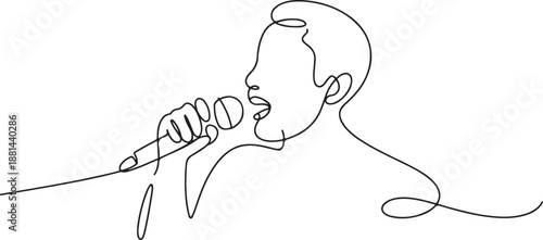 Continuous one line drawing singer using microphone. Karaoke people sings the song to microphone. Stand up comedian holding microphone in his hand. one line Icon drawing