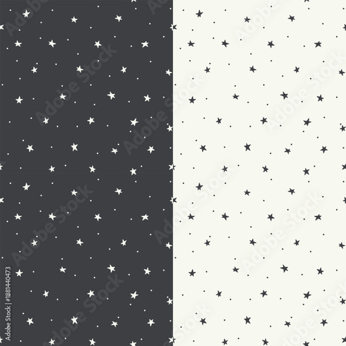 Minimalistic patterns set with small stars in the sky, black and white, dark and light seamless backgrounds. Childish naive starry drawing. It can be used for fabric, textiles, wallpaper, printing.