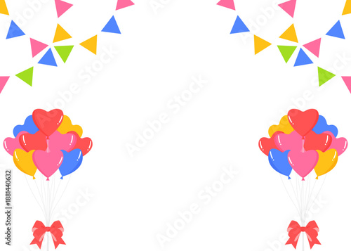 ハートの風船、ガーランド、旗のデコレーションフレーム