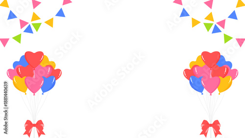 ハートの風船、ガーランド、旗のデコレーションフレーム、16:9サイズ