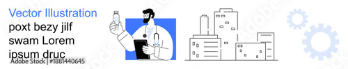 Healthcare, urban development, technology, medicine, innovation, modern medical practices. A doctor holding a medicine bottle, buildings and gears. Healthcare and urban development concepts