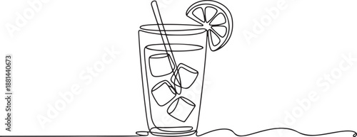 Single continuous line drawing of fresh stylized lemonade ice with sliced lemon. Restaurant drink menu concept. Modern one line draw design. one line Icon drawing