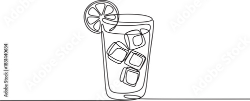 Single continuous line drawing of fresh stylized lemonade ice with sliced lemon. Restaurant drink menu concept. Modern one line draw design. one line Icon drawing