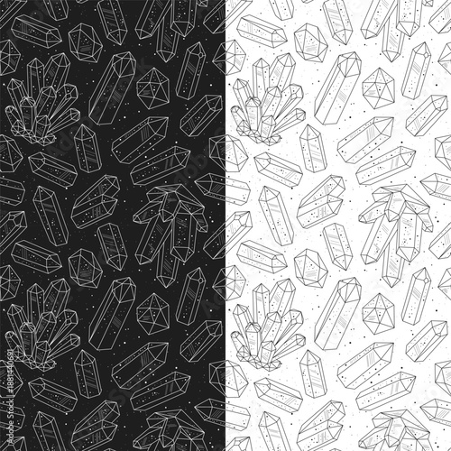 Seamless patterns set with black and white crystals gems, gemstones, minerals, quartz. Outline line art drawing, dark and light background. For textile, fabric, printing, wallpaper, packaging design.