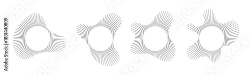 Circular sound visualization with radial wave line pattern vector set. Abstract audio spectrum ring geometric burst shape. Music equalizer graphics with concentric line elements for modern design.