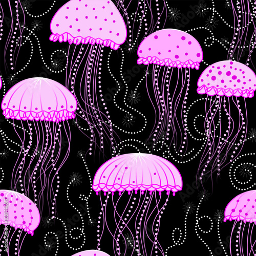 Abstract seamless vector pattern featuring glowing jellyfish floating in a dark ocean environment. Neon pink and fuchsia gradients illuminate delicate tentacles plankton and marine fauna creating