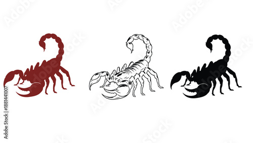 Three scorpion silhouettes in different colors on a white background