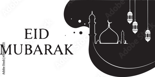 Eid Mubarak greeting card design with mosque silhouette and traditional lanterns