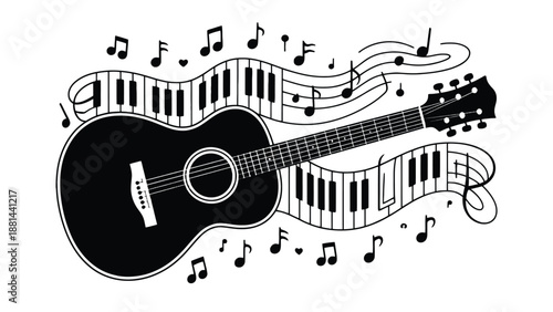 A black acoustic guitar surrounded by musical notes and piano keys