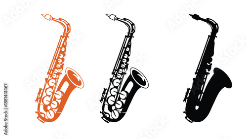 Three saxophones in different colors and illustration styles on a white background