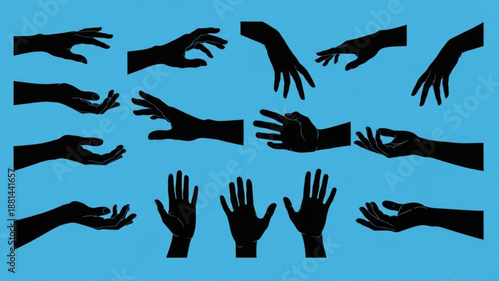 Collection of Black Hand Silhouettes Gesturing Against Blue Background.
