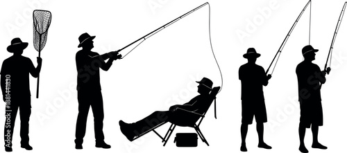 Fishermen silhouettes vector set featuring men fishing with rods, holding nets, casting lines, and relaxing in chairs.