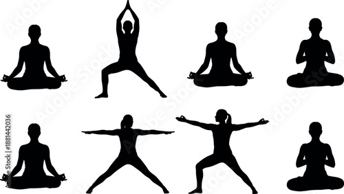 Set of Black Yoga Silhouettes Showing Meditation Warrior and Stretching Poses for Health Wellness and Fitness Vector Design