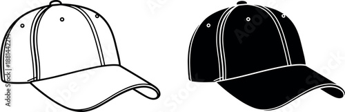 Baseball cap outline and black silhouette illustration isolated on white background headwear apparel mockup minimalist fashion stock vector