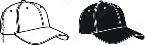 Baseball cap outline and filled silhouette illustration isolated on white background headwear apparel fashion mockup minimalist stock vector