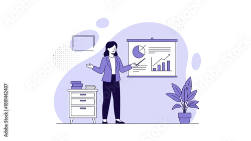 Businesswoman presenting a financial report with charts on a screen