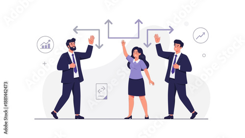 Diverse business team celebrating success with arrows indicating future direction.