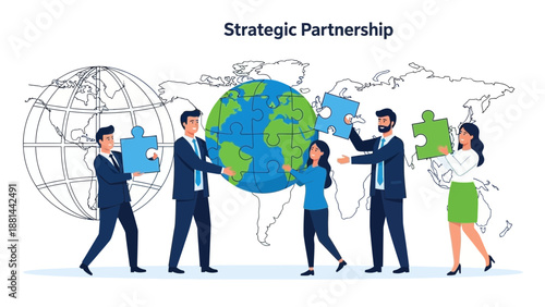Diverse business team assembling a jigsaw puzzle globe for strategic partnership