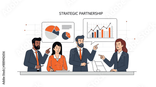 Diverse business team in strategic partnership meeting with charts