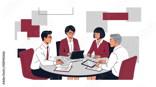 Diverse business team meeting around a table, discussing strategy with documents and tablets.