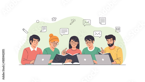 Diverse students collaborating on project, studying together with laptops and books