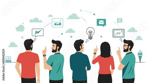 Diverse team brainstorming ideas, lightbulb innovation, business strategy, teamwork concept