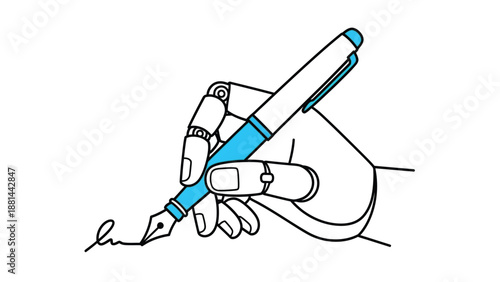 Robotic hand writing with a fountain pen, symbolizing ai creativity and automated content generation