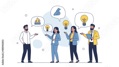 Diverse team brainstorming ideas, lightbulbs and speech bubbles, business concept