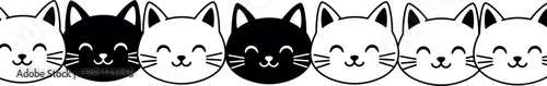 Cute smiling cat faces border illustration, black and white kitten heads pattern, kawaii cartoon feline design isolated on white
