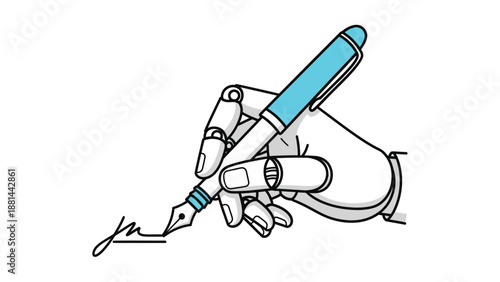 A robotic hand expertly uses a fountain pen to sign a document or create written content