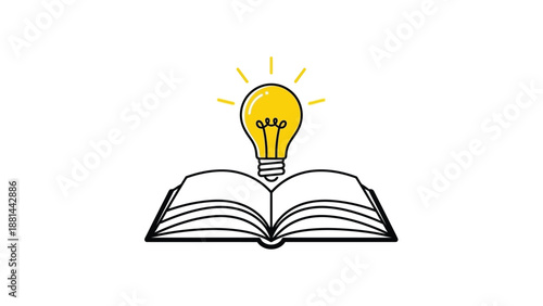 Knowledge and inspiration: an open book with a glowing lightbulb above it