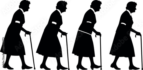Elderly woman walking with cane silhouette illustration isolated on white background aging senior care mobility concept minimalist stock vector