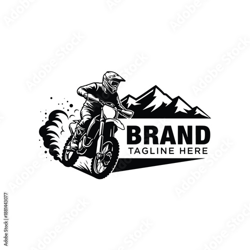 Dynamic off-road adventure illustration with rider on dirt bike in mountainous terrain